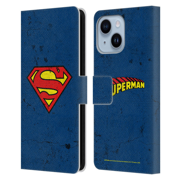 Superman DC Comics Logos Distressed Leather Book Wallet Case Cover For Apple iPhone 14 Plus