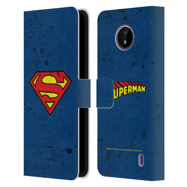 Superman DC Comics Logos Distressed Leather Book Wallet Case Cover For Nokia C10 / C20