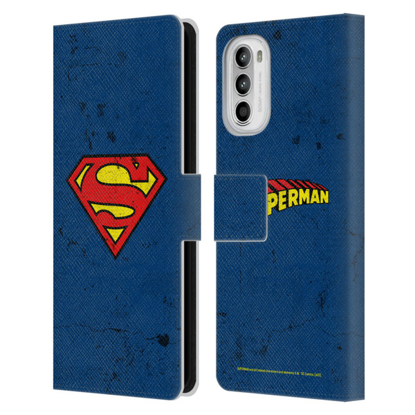 Superman DC Comics Logos Distressed Leather Book Wallet Case Cover For Motorola Moto G52
