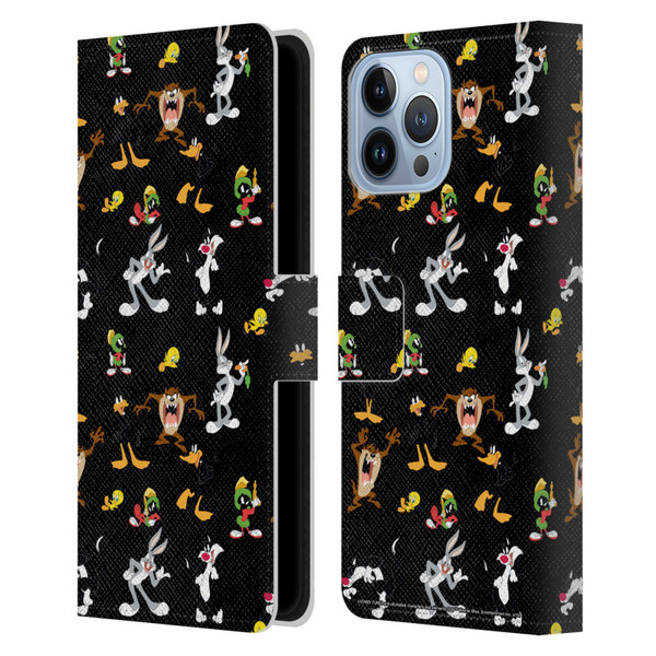 Looney Tunes Patterns Black Leather Book Wallet Case Cover For Apple iPhone 13 Pro Max