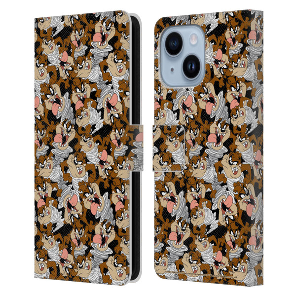 Looney Tunes Patterns Tasmanian Devil Leather Book Wallet Case Cover For Apple iPhone 14 Plus