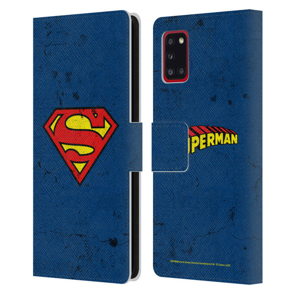 Superman DC Comics Logos Distressed Leather Book Wallet Case Cover For Samsung Galaxy A31 (2020)