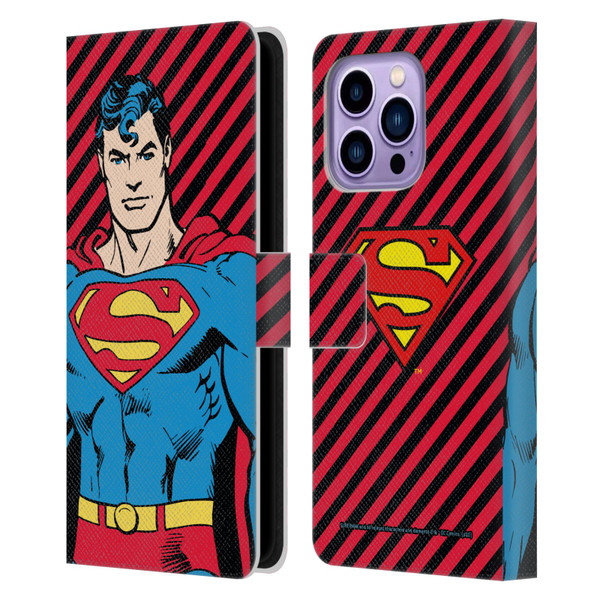 Superman DC Comics Vintage Fashion Stripes Leather Book Wallet Case Cover For Apple iPhone 14 Pro Max