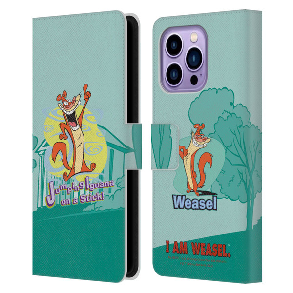 I Am Weasel. Graphics Jumping Iguana On A Stick Leather Book Wallet Case Cover For Apple iPhone 14 Pro Max