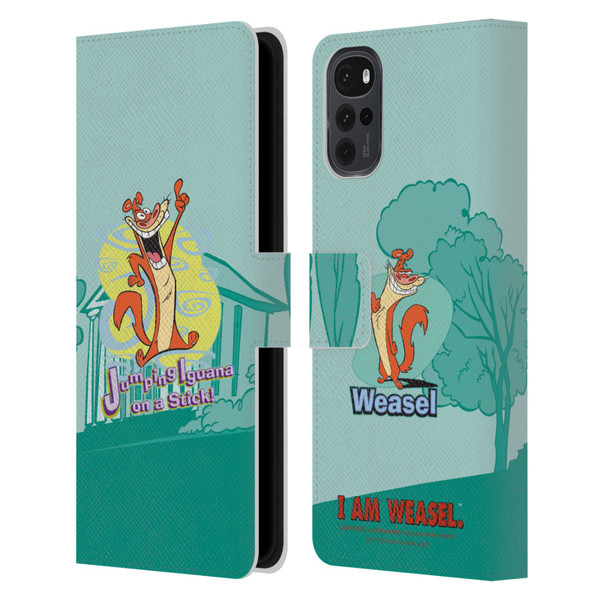 I Am Weasel. Graphics Jumping Iguana On A Stick Leather Book Wallet Case Cover For Motorola Moto G22