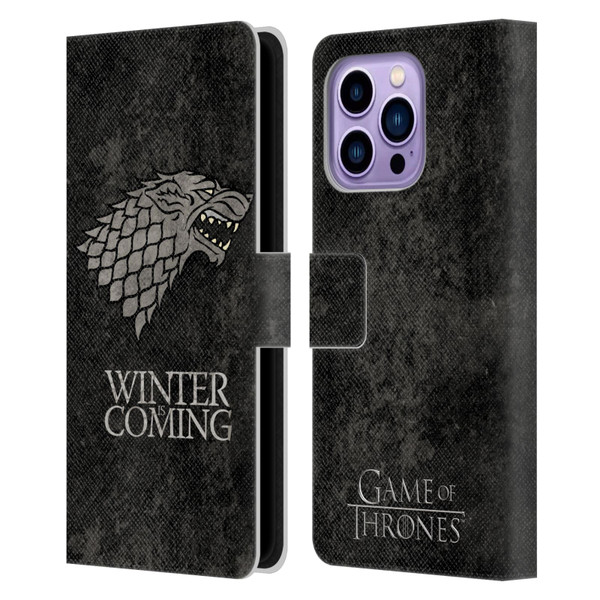 HBO Game of Thrones Dark Distressed Look Sigils Stark Leather Book Wallet Case Cover For Apple iPhone 14 Pro Max