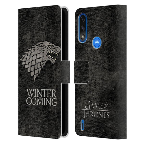 HBO Game of Thrones Dark Distressed Look Sigils Stark Leather Book Wallet Case Cover For Motorola Moto E7 Power / Moto E7i Power