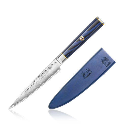 KITA Series 5-Inch Serrated Utility Knife with Sheath, High Carbon X-7 Damascus Steel
