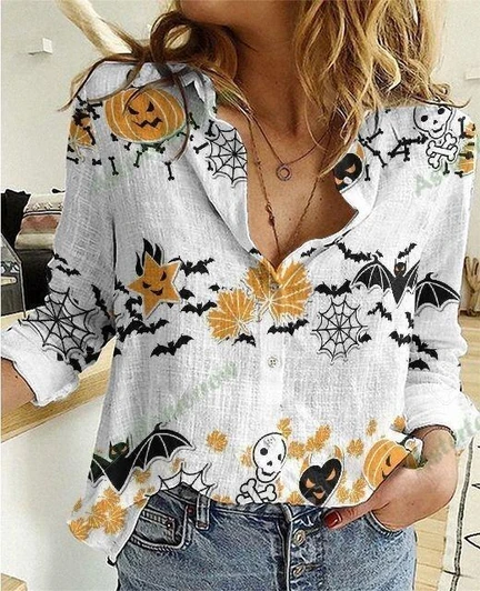 Black Cat Halloween Cotton Linen Shirt For Men and Women