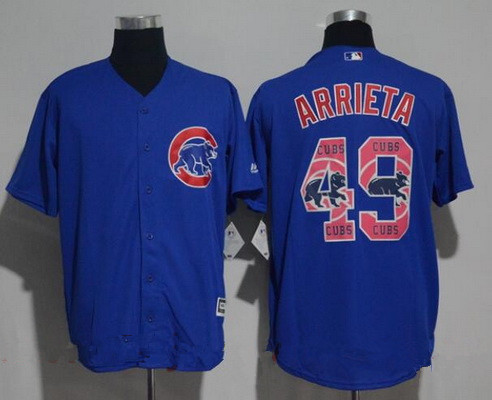 Jake Arrieta #49 Chicago Cubs Majestic Mens Team Logo Ornamented Limited Cool Base Jersey - Royal Blue