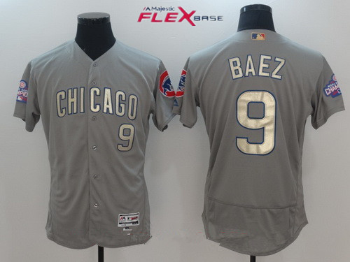 Javier Baez #9 Chicago Cubs Majestic Mens 2017 World Series Champions Gold Limited Flex Base Jersey - Gray