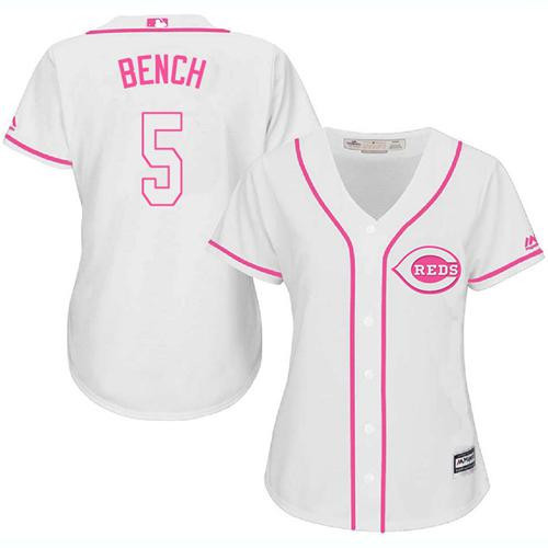 Johnny Bench #5 Cincinnati Reds Womens Fashion Limited Baseball Jersey - White Pink