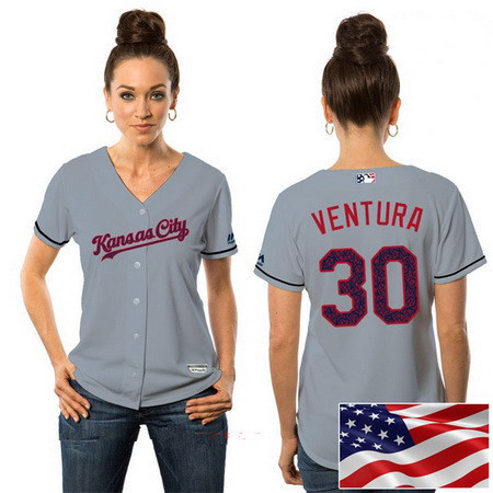 Independence Day #30 Kansas City Royals Majestic Womens Yordano Ventura Stars Stripes Fashion Limited Cool Base Jersey - Gray