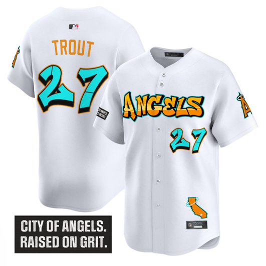 Mike Trout #27 Los Angeles Angels Graffiti Halo Drop Edition Limited Jersey - White