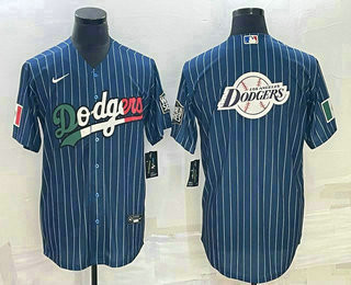 Big Logo Los Angeles Dodgers Nike Mens Pinstripe Cool Base Jersey5 Limited Jersey - Navy Blue