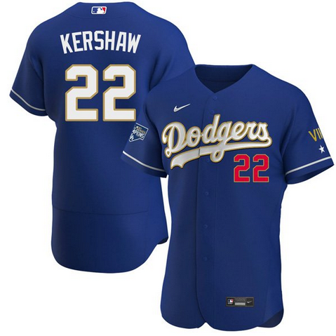 Clayton Kershaw #22 Los Angeles Dodgers Mens Championship Flex Base Sttiched Limited Jersey - Royal Blue