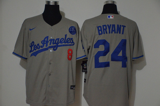 Kobe Bryant #24 Los Angeles Dodgers Nike Mens Kb Patch Cool Base Front Number 8 Limited Jersey - Grey