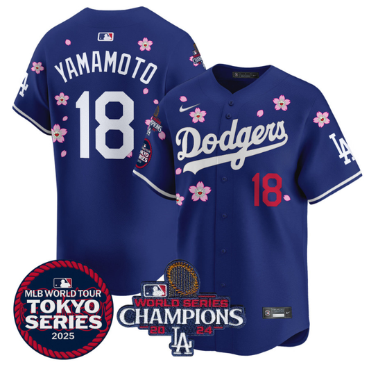Los Angeles Dodgers #18 2025 Yamamoto Tokyo Series World Series Champions Patch Limited Jersey - Royal