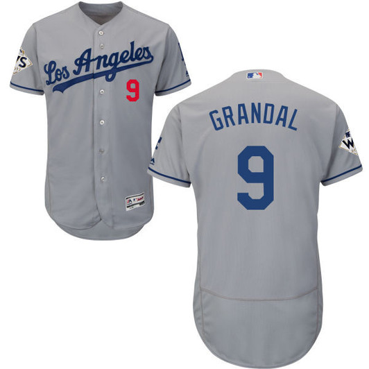 Los Angeles Dodgers #9 Mens 2017 Yasmani Grandal Flexbase Authentic World Series Bound Jersey - Grey