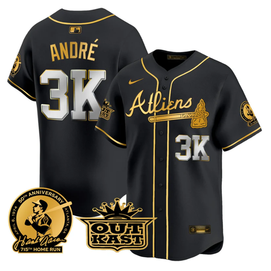 Hank Aaron #44 Atlanta Braves Andr #3K Atliens Patch Limited G Jersey - Black