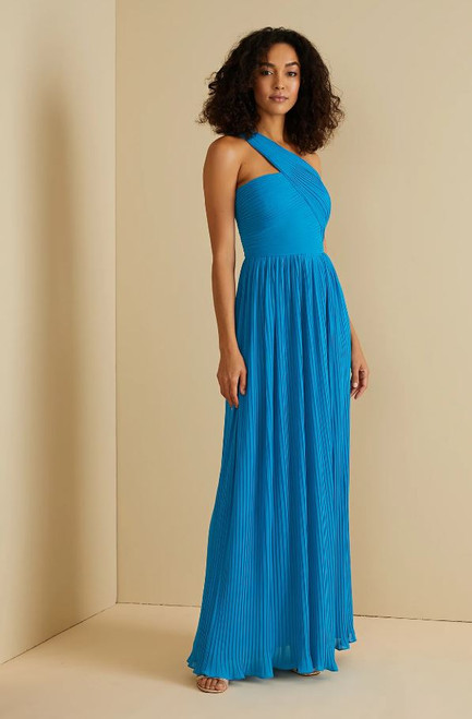 Skye Deep V Pleated Gown, Blue Surf