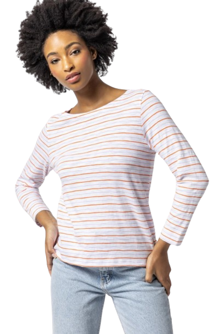 Striped Boatneck Tee, Tangelo/Lily