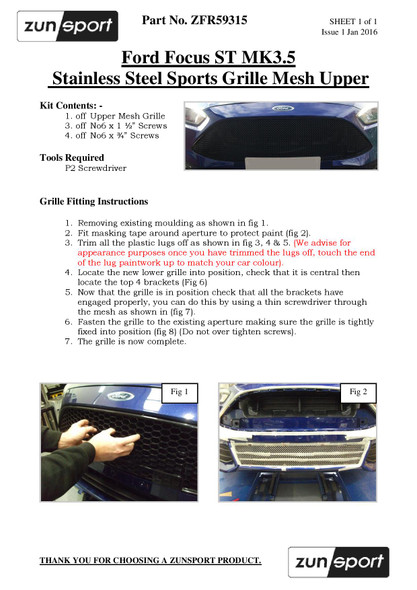 Zunsport Ford Focus ST MK3.5 - Front Grille Set - Silver Finish (2015 - 2018)