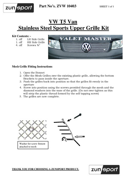 Zunsport Volkswagen T5 Top Grille Set - Black finish (2003 to 2006)