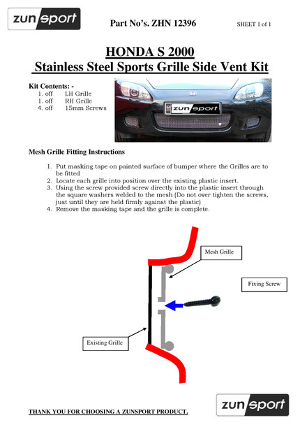 Zunsport Honda S2000 Front Grille Set - Black finish (1999 - 2003)