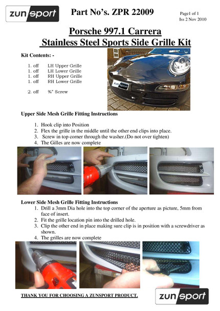 Zunsport Porsche 997.1 (C2,C2S,C4,C4S) - Front Grille Set - Black finish (2004 to 2008)