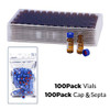 100 Pcs Membrane Solutions Autosampler Vials, 2mL HPLC Sample Vials, 9-425 Vial Amber Glass Bottles with Write-on Spot, Graduations, 9mm Blue ABS Screw Caps & Septa for GC Sample vials
