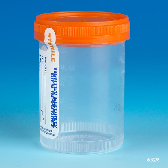 Container: Tite-Rite, 120mL (4oz), PP, STERILE, Attached Orange Screw Cap, ID Label, Graduated, Individually Wrapped