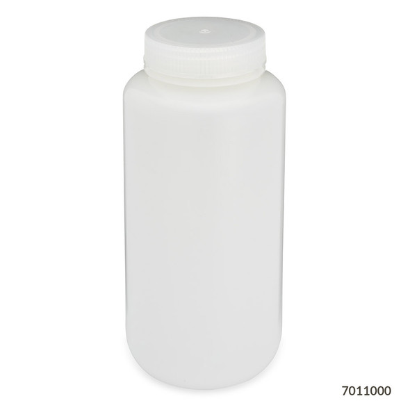 Bottle, Wide Mouth, HDPE Bottle, Attached PP Screw Cap, 1000mL, 6/Pack