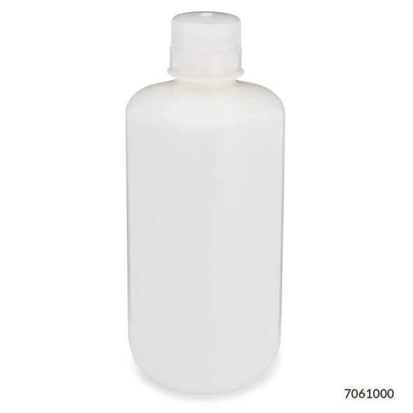 Bottle, Narrow Mouth, HDPE Bottle, Attached PP Screw Cap, 1000mL, 6/Pack