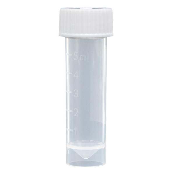 Transport Tube, 5mL, with Attached White Screw Cap, PP, Conical Bottom, Self-Standing, Molded Graduations