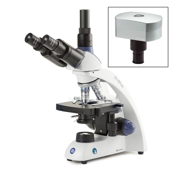 BioBlue trinocular microscope SMP 4/10/S40/S100x oil objectives with mechanical stage and 1W NeoLED cordless illumination, with CMEX-18 Pro, 18.0MP digital USB-3 camera with 1/2.3 inch CMOS sensor