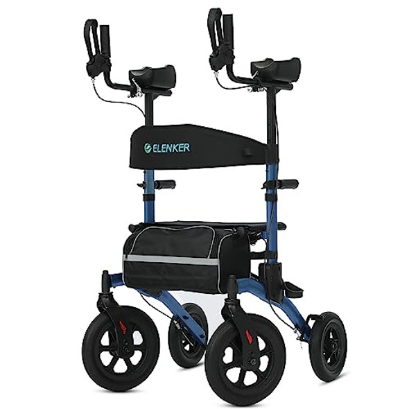 ELENKER All-Terrain Upright Rollator Walker, Stand up Rolling Walker with Seat, 12” Non-Pneumatic Wheels, Compact Folding Design for Seniors (Blue)