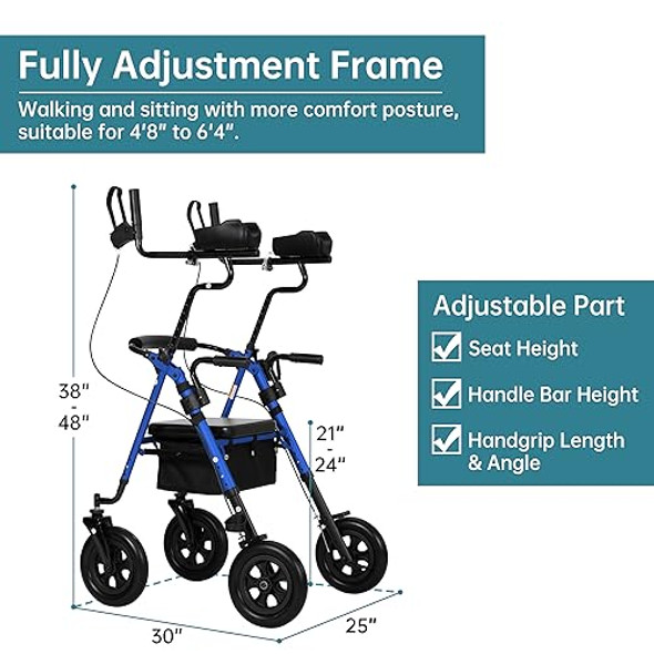 ELENKER Upright Rollator Walker, Stand Up Rolling Walker with 10’’Big PU Wheels and Adjustable Padded Armrests for Seniors from 4’8”to 6'4” (Blue)