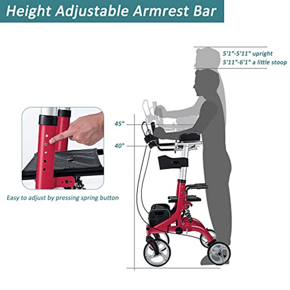 ELENKER Upright Rollator Walker, Stand Up Rollator Walker with Shock Absorber, 10” Front Wheels and Carrying Pouch, Suitable for Outdoor, Red