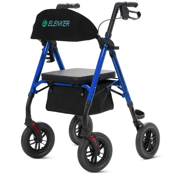 ELENKER All-Terrain Rollator Walker with 10” Non-Pneumatic Wheels, Sponge Padded Seat and Backrest, Fully Adjustment Frame for Seniors, Blue