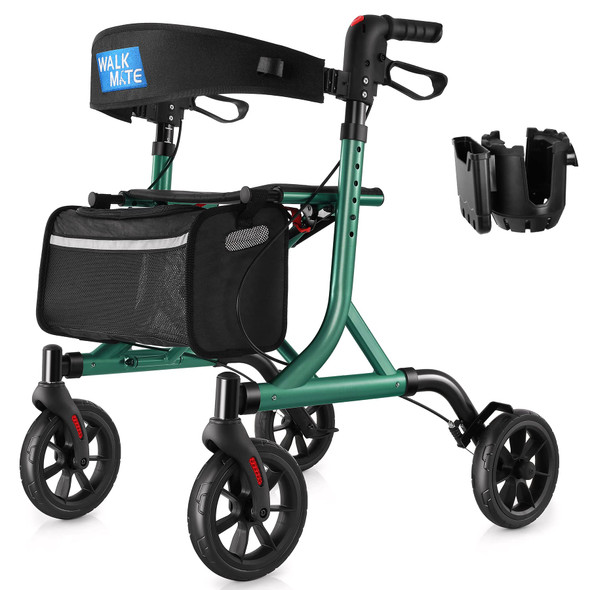 WALK MATE Rollator Walker for Seniors with Cup Holder, Upgraded Thumb Press Button for Height Adjustment, 4 x 8" Wheels Walker with Seat Padded Backrest Folding Lightweight Walking Aid, Green