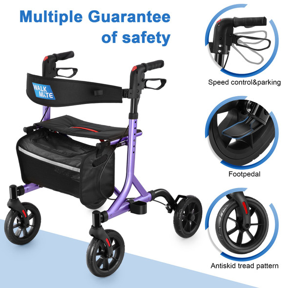 WALK MATE Rollator Walker for Seniors with Cup Holder, Upgraded Thumb Press Button for Height Adjustment, 4 x 8" Wheels Walker with Seat Padded Backrest Folding Lightweight Walking Aid, Purple