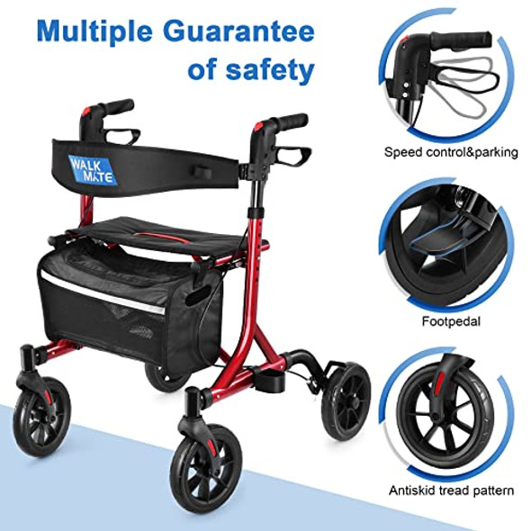 WALK MATE Rollator Walker for Seniors with Cup Holder, Upgraded Thumb Press Button for Height Adjustment, 4 x 8" Wheels Walker with Seat Padded Backrest Folding Lightweight Walking Aid, Red