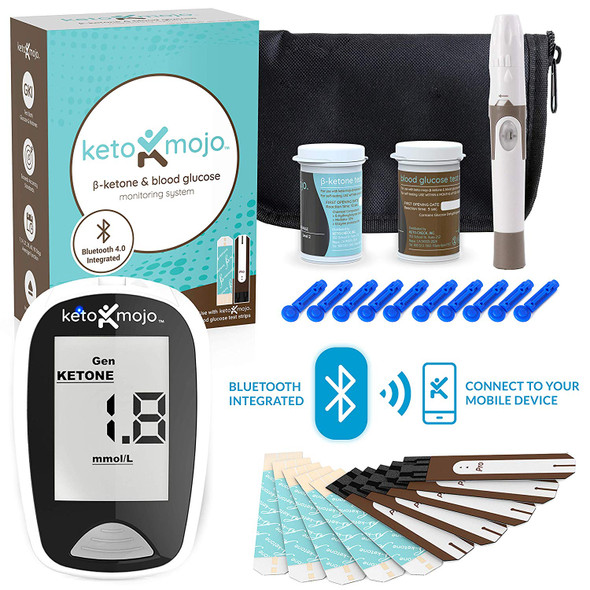 KETO-MOJO Bluetooth Blood Ketone and Glucose Testing Kit 10 Ketone & 10 Glucose Test Strips, 10 Lancets, 1 Meter, 1 Lancing Device, Monitor Your Ketogenic Diet