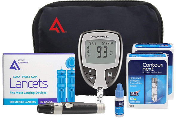 Contour NEXT EZ Diabetes Testing Kit | Contour NEXT EZ Blood Glucose Meter, 100 Contour NEXT Blood Glucose Test Strips, 100 Lancets, Lancing Device, Control Solution, Log Book, User Manuals and Pouch