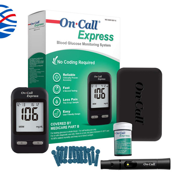 On Call Express Diabetes Testing Kit- Blood Glucose Meter, 10 Blood Test Strips, 1 Lancing Device, 30g Lancets, Control Solution, Carrying Case, Log Book
