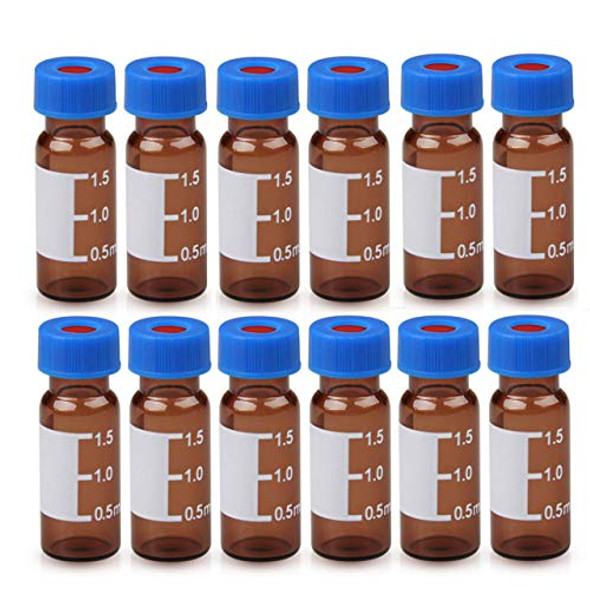 Autosampler Vials 2ml with Caps, HPLC Vial,9-425 Clear Vial with Blue Screw Caps,Writing Patch,Graduation,White PTFE & Red Silicone Septa Fit for GC Sample Vial (500PCS, Brown)