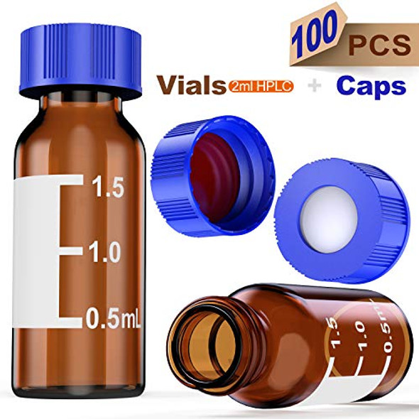 Autosampler Vials 2ml HPLC Vials 9-425 Amber Vials Lab Vials with Write-on Spot and Graduations,9mm Blue ABS Screw Sealed Cap with Red PTFE