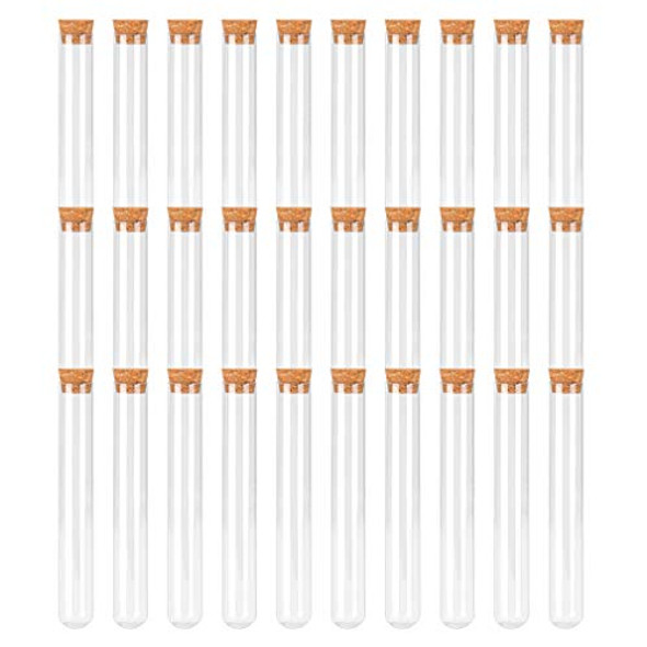 Muhome 15x150mm 25ml Plastic Test Tubes with Cork Stoppers for Gumball Candy Storage, Bath Salt Tubes, Hot Cocoa Containers, DIY Baby Shower Wedding Birthday Party Favors, Christmas Gift(30 Pack)