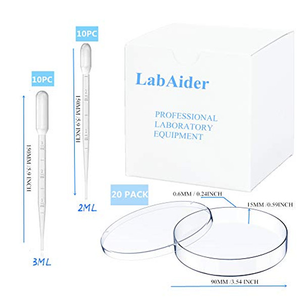 20 Pack Sterile Plastic Petri Dishes with Lid, 90mm Dia x 15mm Deep with 20 Plastic Transfer Pipettes (10Pcs3ml,10Pcs2ml) (90MM)